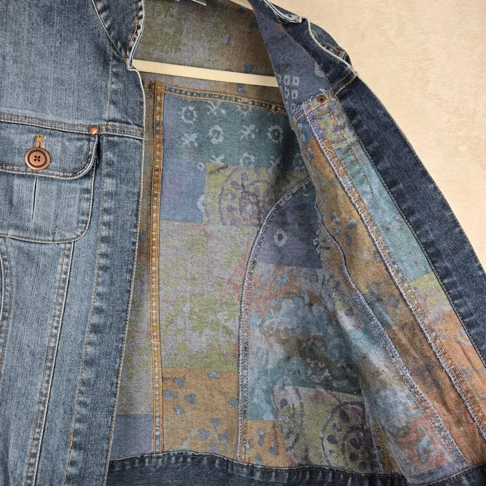 Chicos Womens Denim‎ Jean Jacket Medium (1) Blue Western Bohemiam Trucker Open